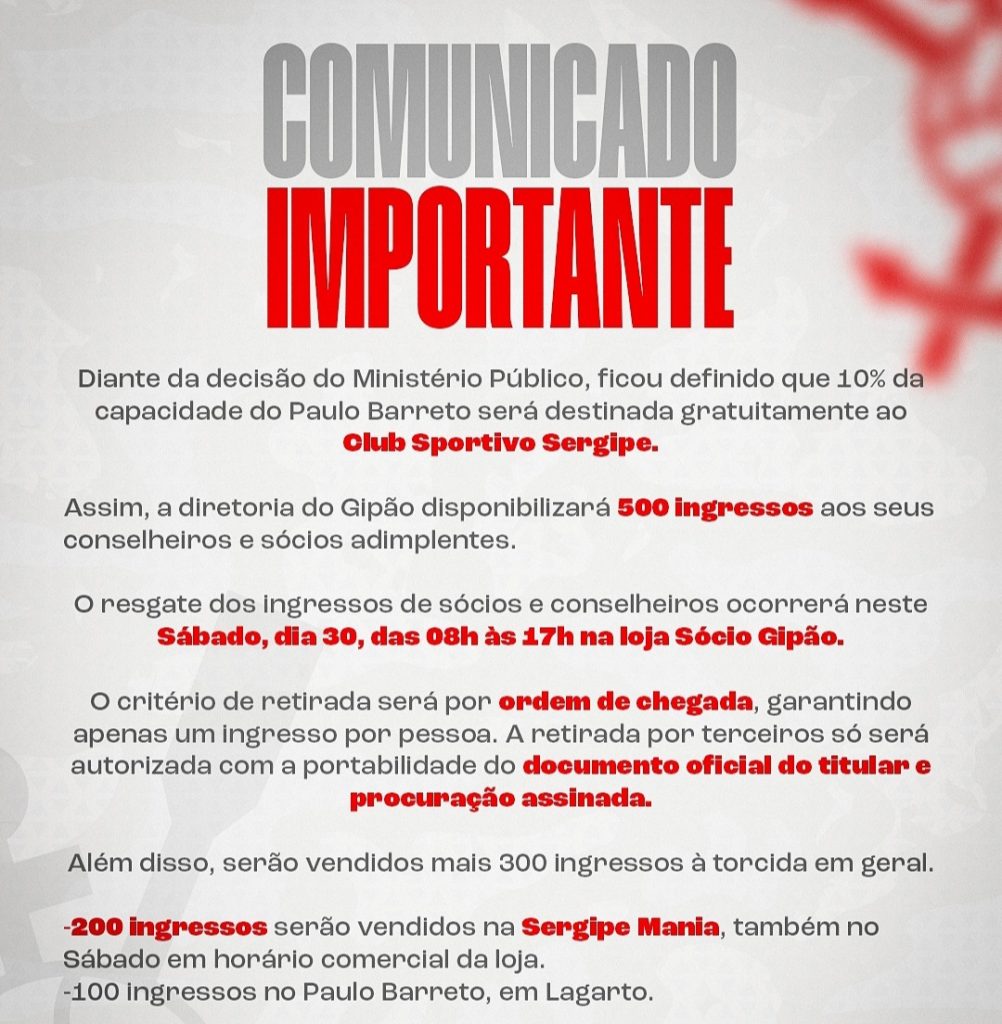 Ministério Público determina: 10% da capacidade do Paulo Barreto destinada ao Sergipe gratuitamente