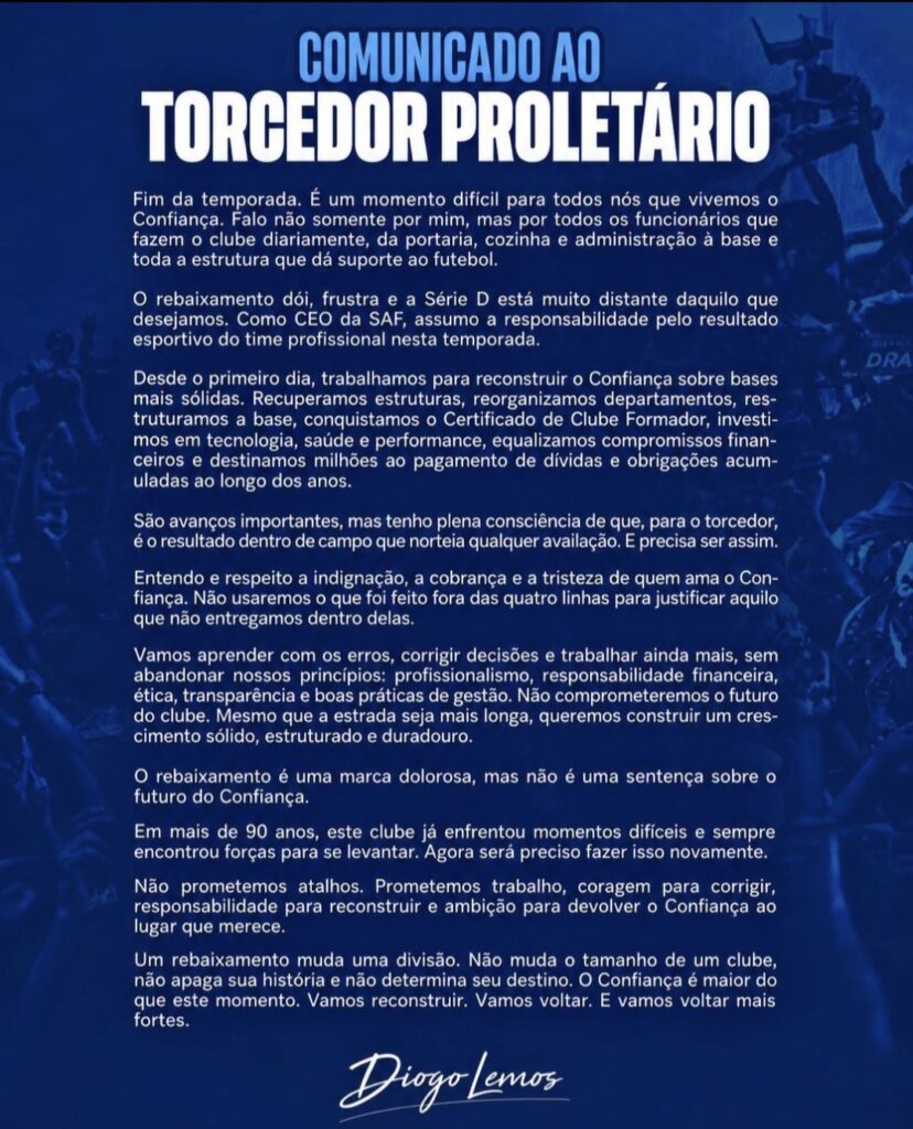 CEO Diogo Lemos, através de suas redes sociais, se pronunciou sobre o final da temporada do Confiança. CEO Diogo Lemos, através de suas redes sociais, se pronunciou sobre o final da temporada do Confiança.